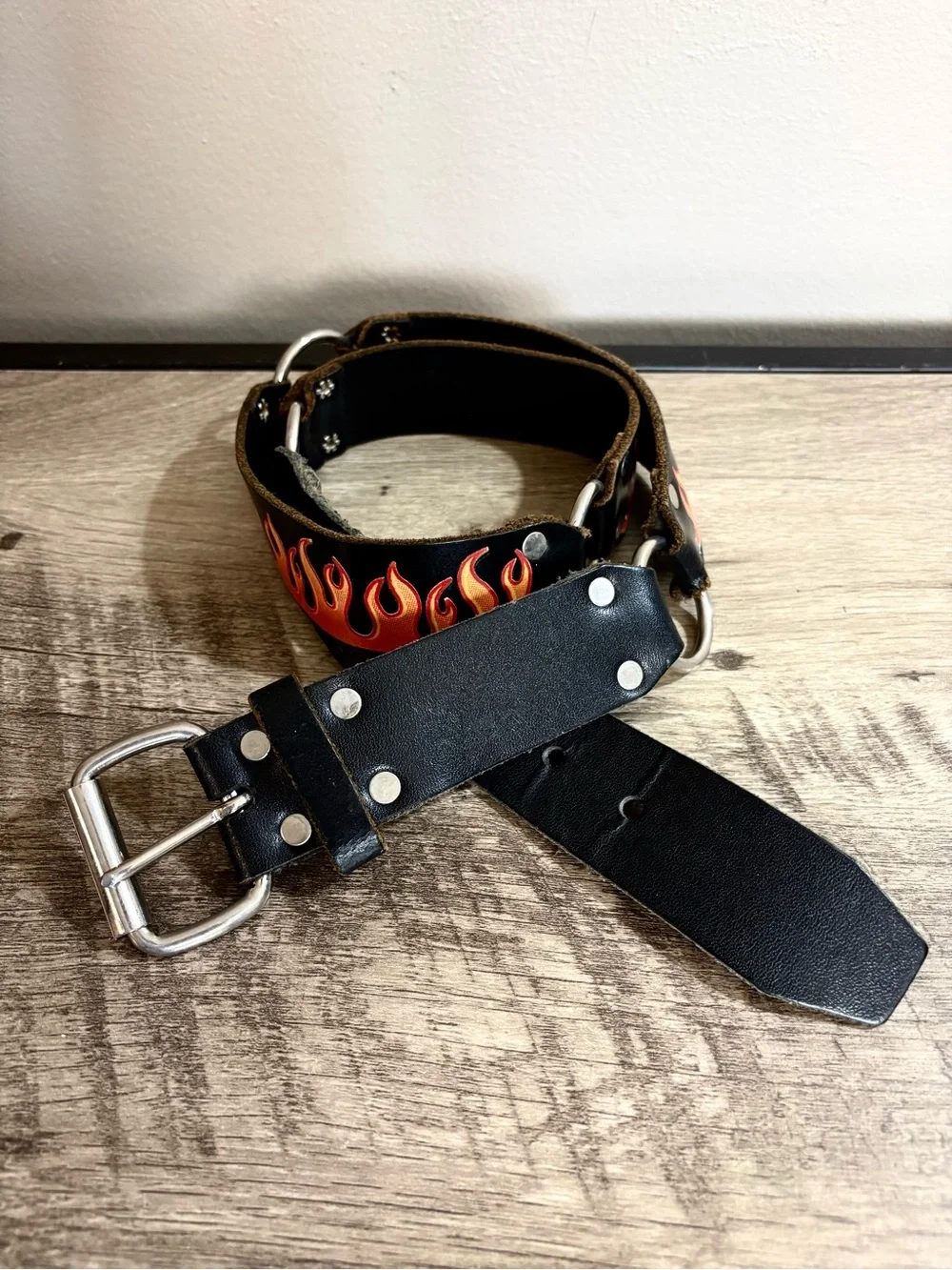 Men's Black LEATHER Orange FLAMES Goth BIKER Moto BELT 34
